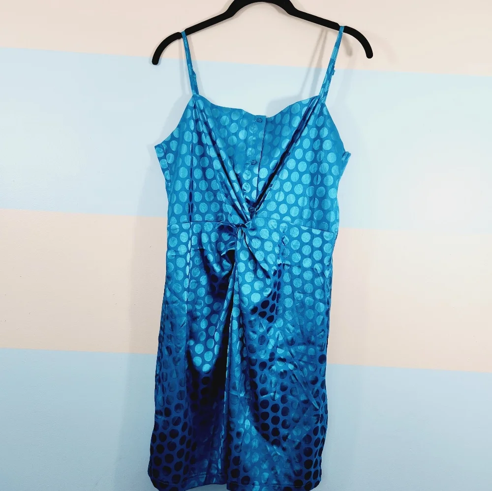 NWT LuLus Lush Celine Teal Blue Satin Polka Dot Twist-Front Mini Dress - Picture 7 of 10
